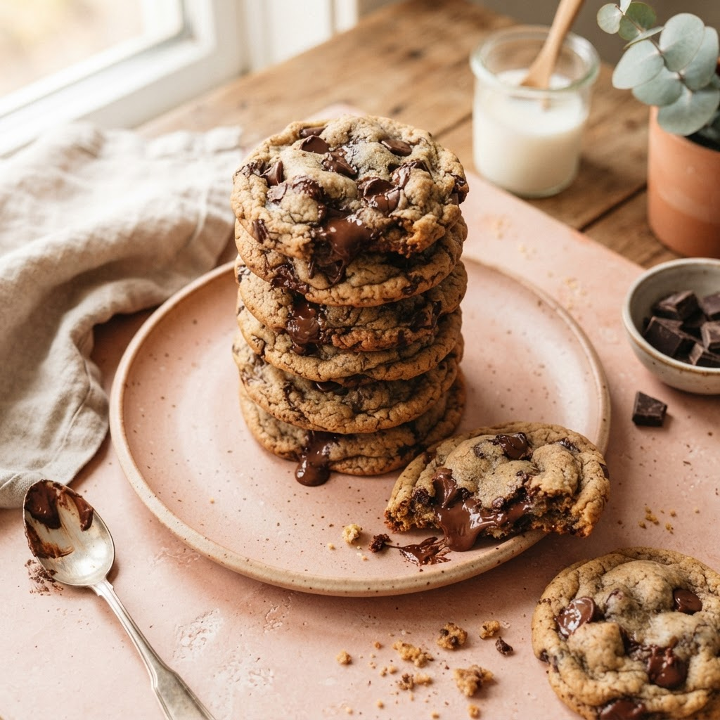 A stack of freshly baked homemade MoFi chocolate chip cookies